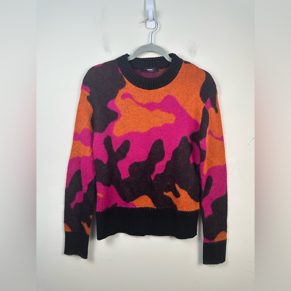 Diesel Camouflage Sweater Women Large Pink Orange‎ Mohair Wool Blend Excellent